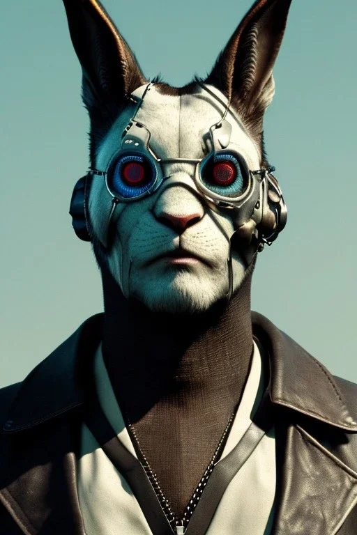 Medium Close Up Portrait, Front image. cyberpunk, rabbit mask, Asian man, white short hair. leather, suit. White, black, red, color. Mad max style. Color background, photo studio. Avatar image, highly detailed, concept art, smooth, unreal engine 5, god rays, ray tracing, RTX, lumen lighting, ultra detail, volumetric lighting, 3d, finely drawn, high definition, high resolution.