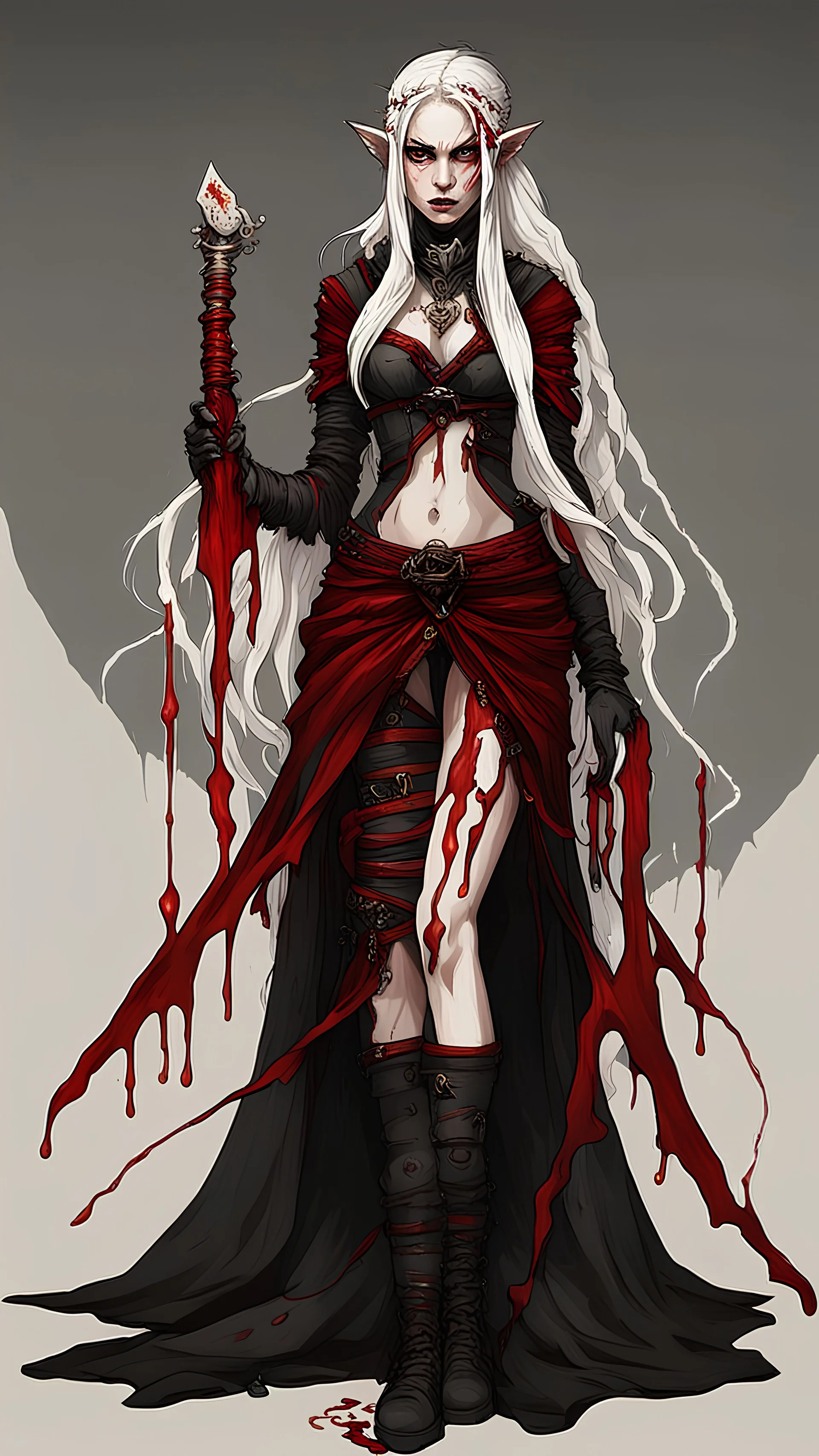 long white braided haired elven woman with fish like features and wearing a gothic black and red tribal apparel while holding a serrated bone dagger and a creepy spellbook dripping with red liquid, full body picture