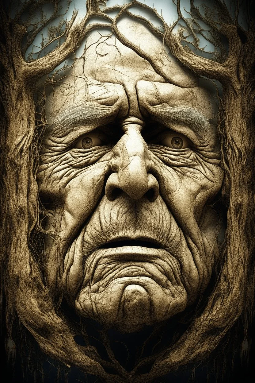 surrealis monochrome A fragmented, surreal sculpture liguid color of photorealistic image 3d,psychedelic art of an old man face glossy emerging from dreamlike a crumbling building. The face appears pale with deep cracks and intricate details, evoking a haunting expression. Blackened tree branches intertwine with the gold mengkilat cracks, set against a backdrop of stormy, cloud-filled skies. bauhaus art The overall tone is dark and moody, suggesting themes of decay and transformation. Include