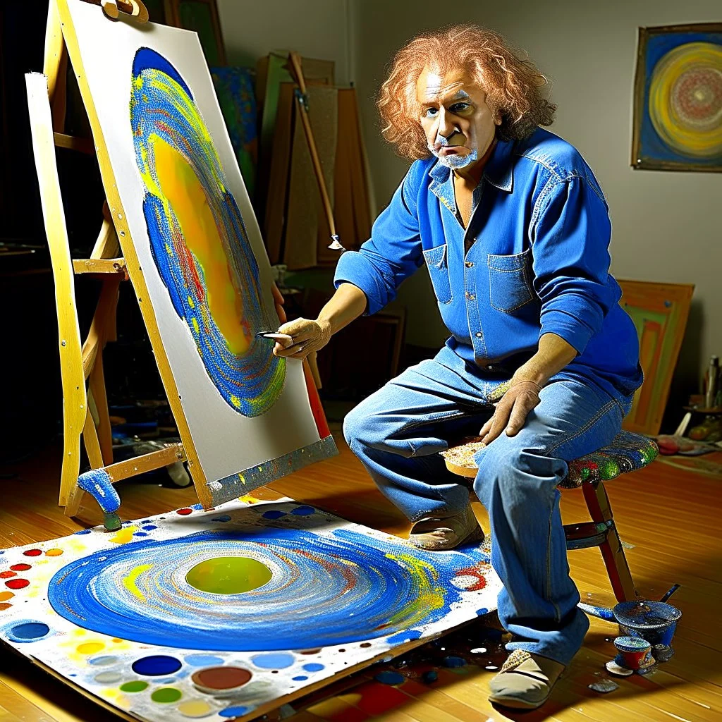 Elderly artist with curly gray hair painting abstract art in sunlit studio, blue denim overalls, holding brush and palette, large colorful canvas with geometric circles and organic forms, "Controlled Spontaneity" artwork, paint cans on floor, wooden easel, natural lighting --ar 16:9 --v 6.1 --style raw --q 2