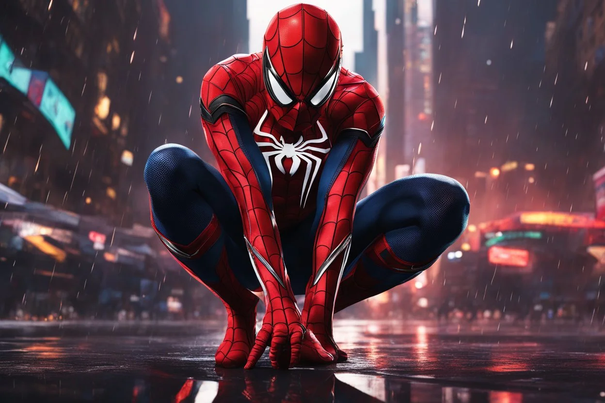 Spider man in 8k solo leveling shadow artstyle, Arabic colors costum them, mask, close picture, rain, neon lights, intricate details, highly detailed, high details, detailed portrait, masterpiece,ultra detailed, ultra quality