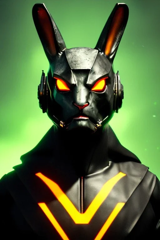 Medium Close Up Portrait, Front image. cyberpunk, rabbit mask helmet, strong man, titanium hair. Latex suit. Black, yellow, color. Rocketer style. Color background, photo studio. Avatar image, highly detailed, concept art, smooth, unreal engine 5, ray tracing, RTX, lumen lighting, ultra detail, volumetric lighting, 3d, finely drawn, high definition, high resolution.