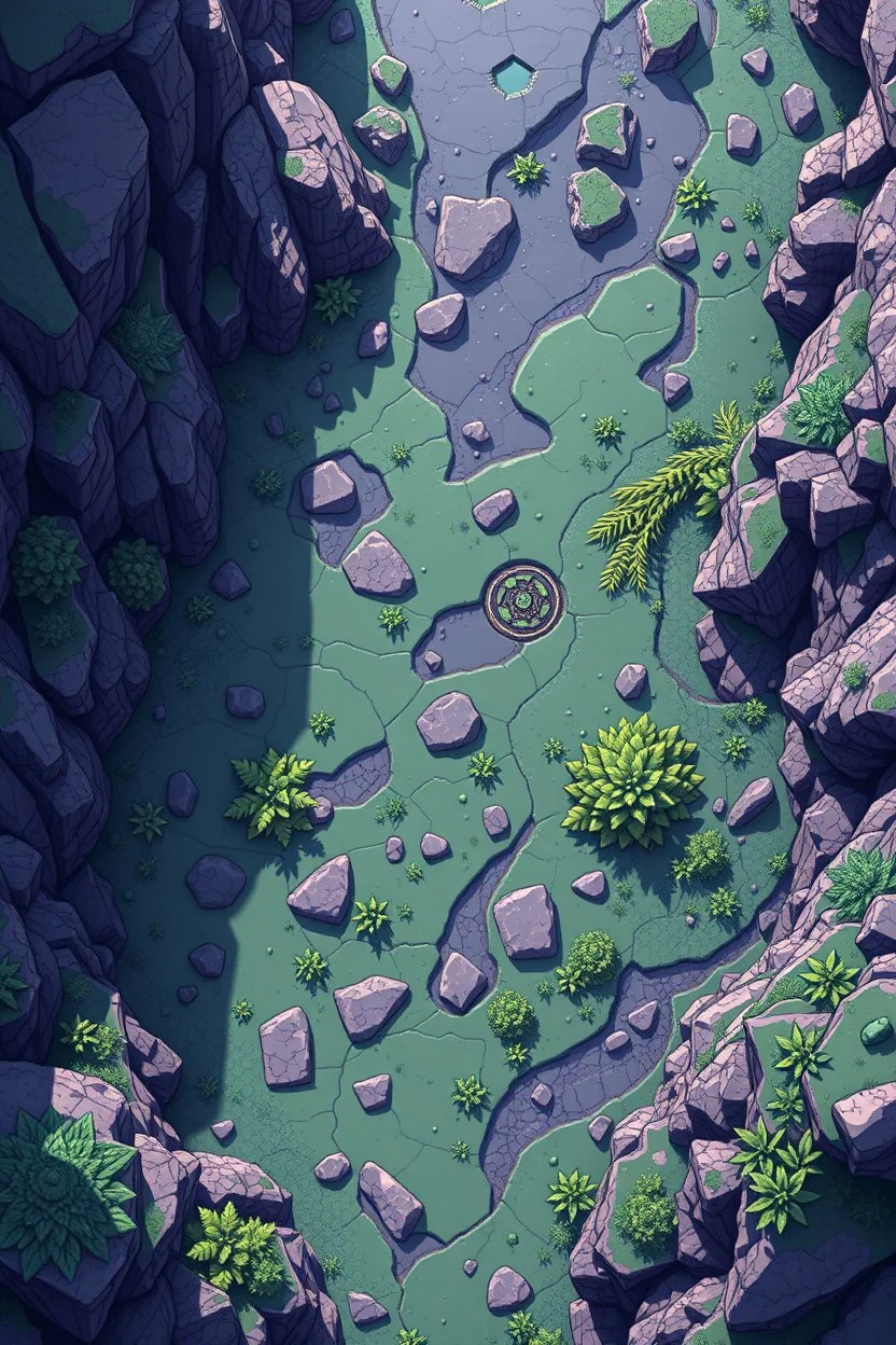 pixel art top down view planet surface in 2d game, detailed level, mint green terrain, violet earth with plants and rocks