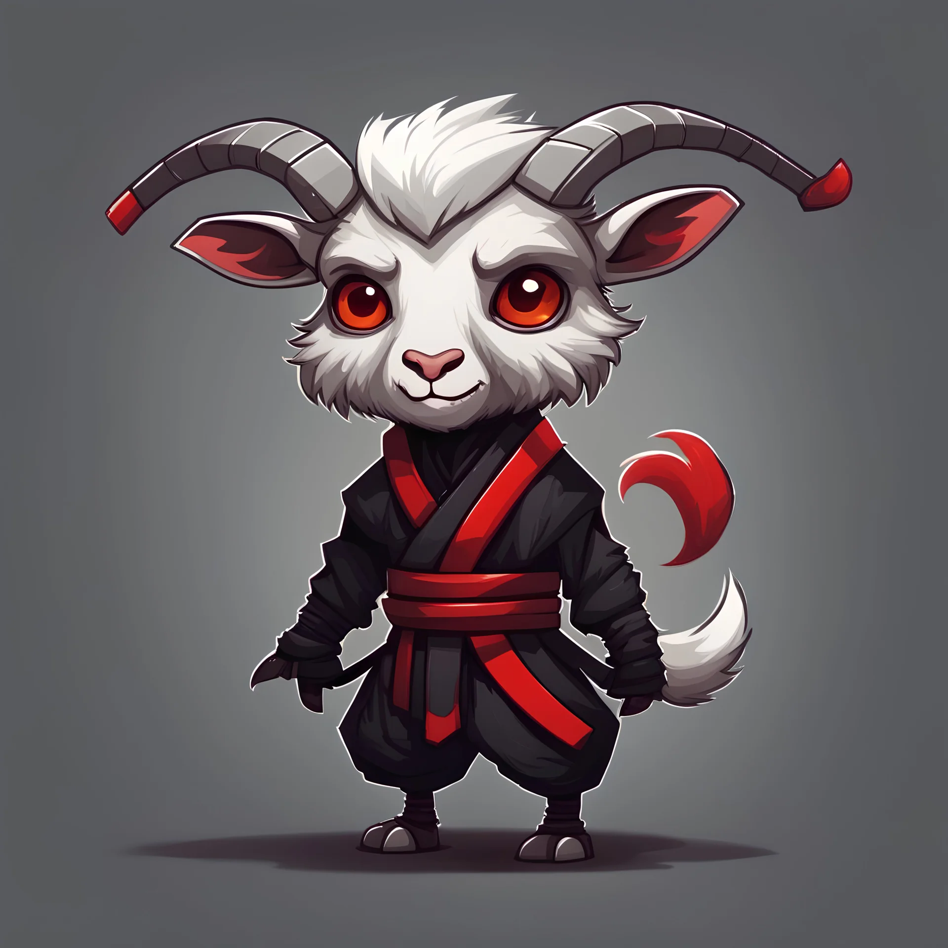 Bipedal creature resembling a goat with silver hair and wearing a black ninja outfit with red strips and silver lurking in the shadows in cute creature art style