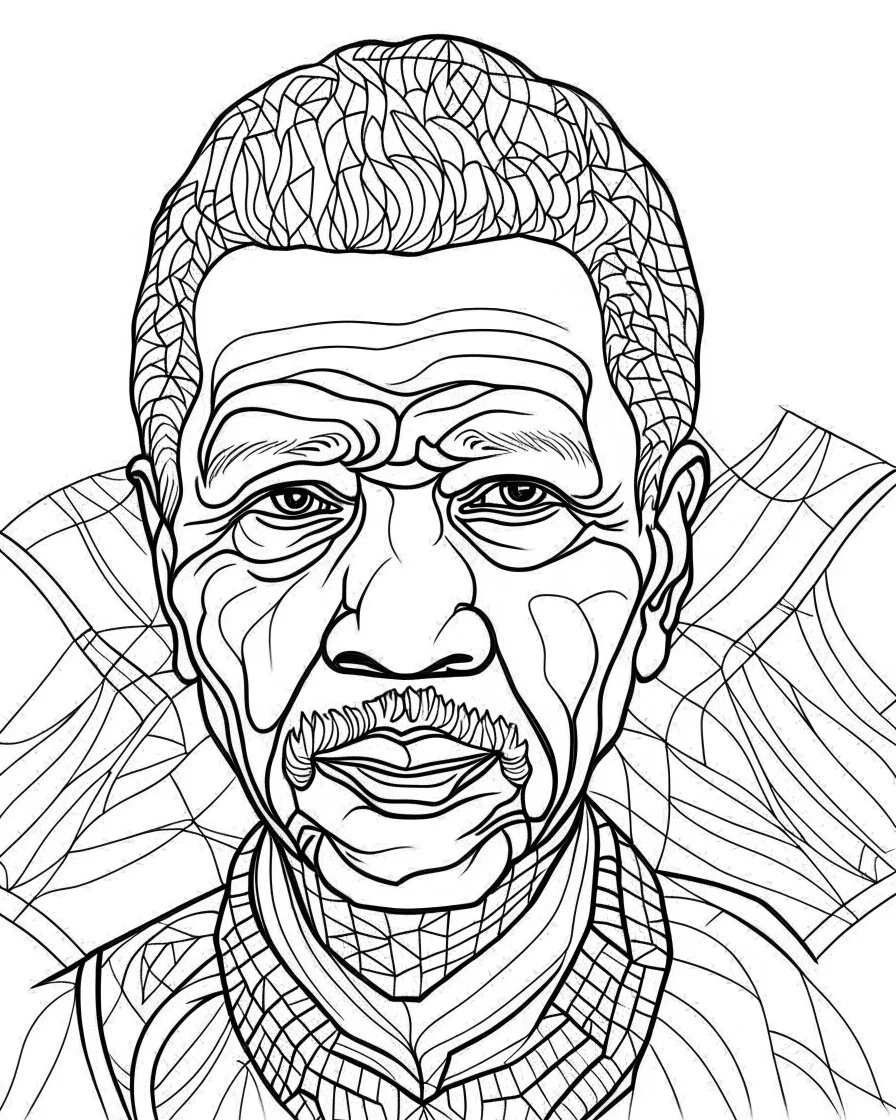 illustrate image of Nelson Mandela, simple line art, one line, white background, coloring book style, well composed, no gradient, , no fill, no solids,