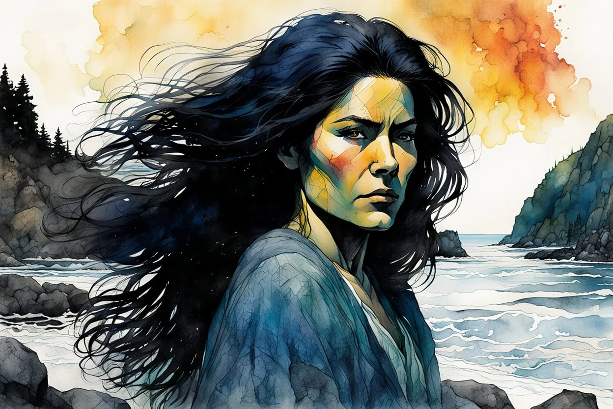 create an ink wash and watercolor print illustration of a raven haired female Salish shaman with finely detailed hair and feminine facial features, along the rocky shore of Vancouver Island , in the comic book art style of Bill Sienkiewicz, Mike Mignola, and Jean Giraud Moebius, finely textured, drawn, colored, and inked, suffused with the dramatic natural light of dawn