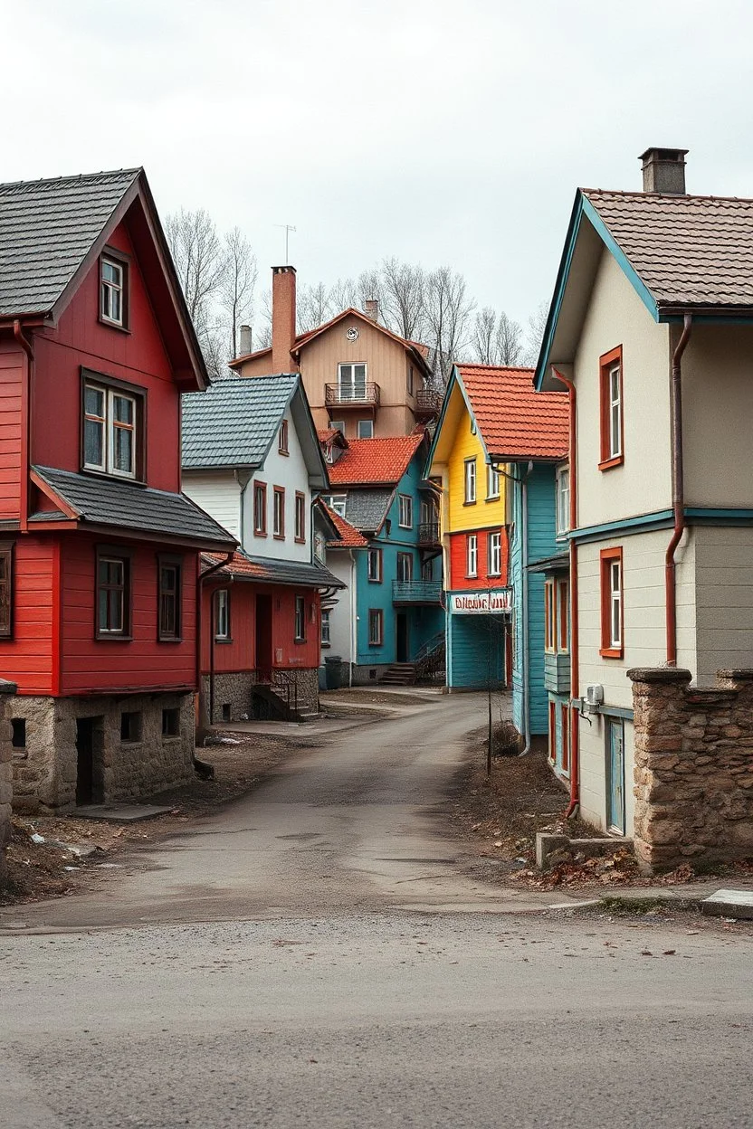 Fotografia di strada random assurda e falsa orripilante Moldavia Transnistria Adighezia weirdcore dai colori vivaci. Non luogo falso, inusuale. Max Ernst. Le case sono false e dipinte di chiaro con cose stilizzate e dettagli. Ci sono strane. , che danno un senso distopico e molto surreale, disposte in modo casuale. L'atmosfera generale sembra noiosa e onirica, con un contrasto tra elementi reali ed elementi dipinti falsi, René Magritte