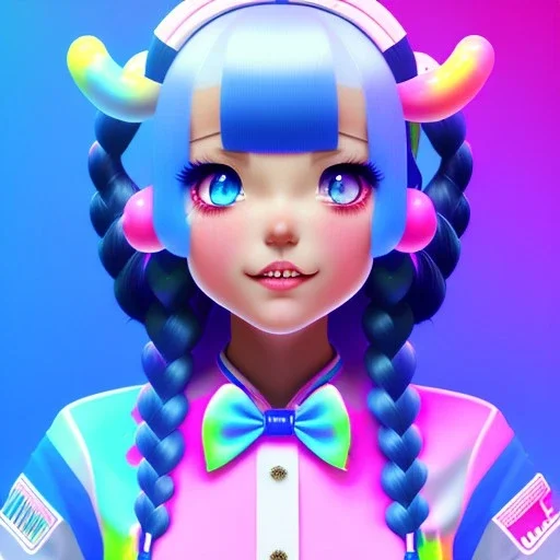 blue hair woman, pigtails, teenager, smile, purpurin, school dress, white shirt, ribbon, gradient color, BLUE, PINK, CYAN, neon, insanely detailed, 16k resolution, perfect eyes, cinematic smooth, intricate detail