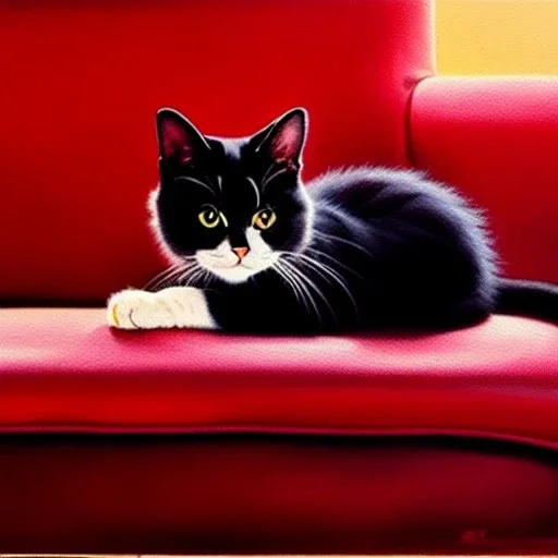 Drawing of 'a cute Cat in a red sofa',painting by Earl Norem, simon Bisley,frazetta,Howard,西嘛哒, evan lee, Vallejo,kelly oil on canvas, cinematic composition, extreme detail,fit full body inside picture,8k