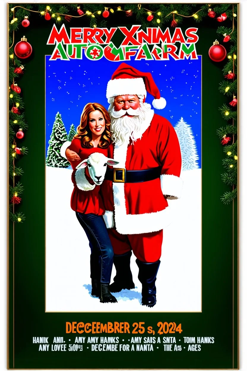 "Create a 1990s-style movie poster for a romantic comedy between Santa Claus and a charming sheep. Display 'Merry Xmas Autofarm' in festive letters, surrounded by Christmas lights and decorations. Include a release date of 'December 25, 2024' and feature big-name actors like 'Tom Hanks as Santa' and 'Amy Adams as the Sheep'. Add the tagline: 'A Love Story for the Ages'."