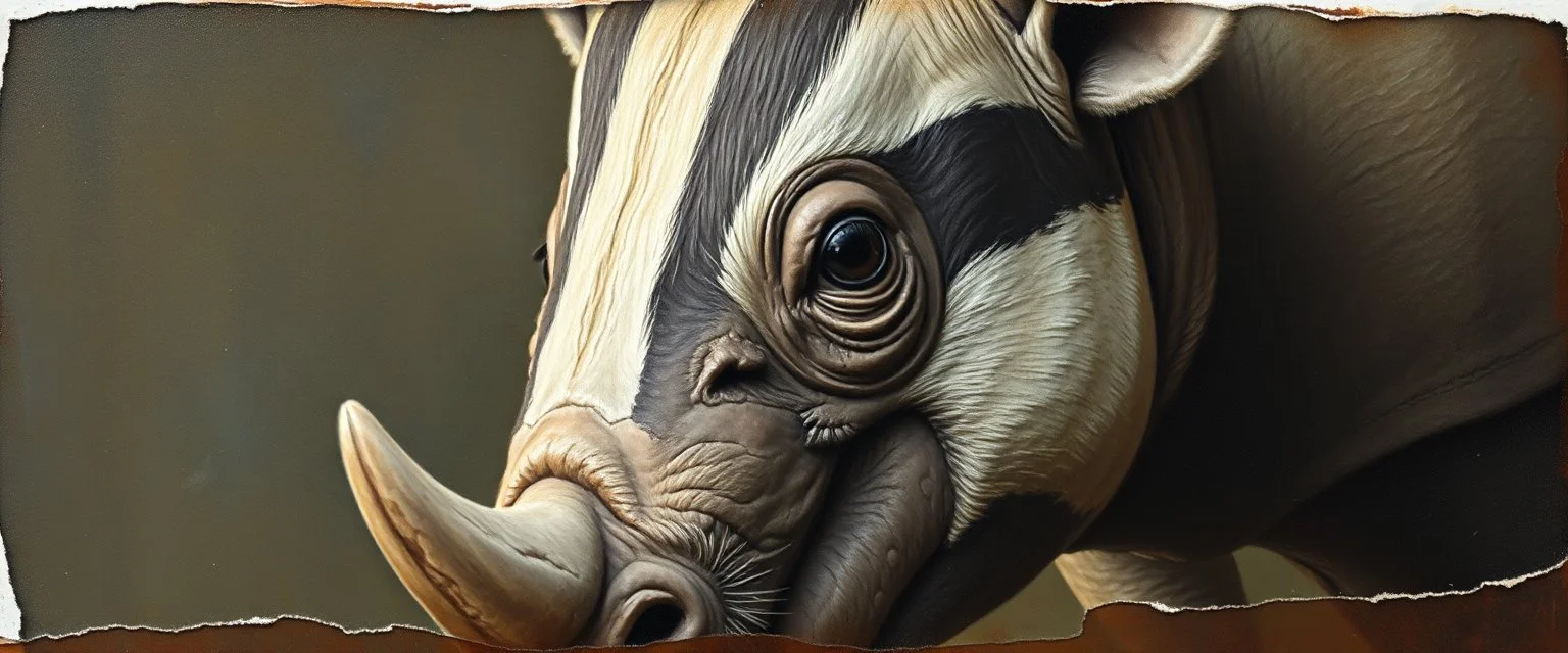 airbrush a, close up on rhino badger , pinhole cam, airbrush 3d rendering, in the style of Titian and Rembrandt , torn edges on border