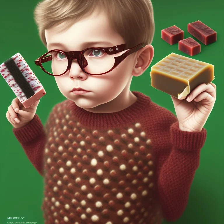 peter billingsley chubby with glasses, holding a ((Dark red))soap bar, ((brown))argyle sweater