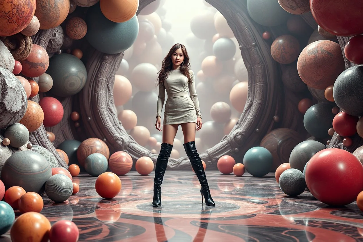 beautiful full body with long boots lady in surreal stage made of fractal random size spheres with helical strip colors in clothing similar to environment full body posing to camera