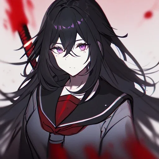 Clear focus, High resolution, rough line sketch art, long black hair, hair between eyes, fluffy hair, purple eyes, wearing a black and red sailor uniform, dark aura, mad, holding katana, bloody mess