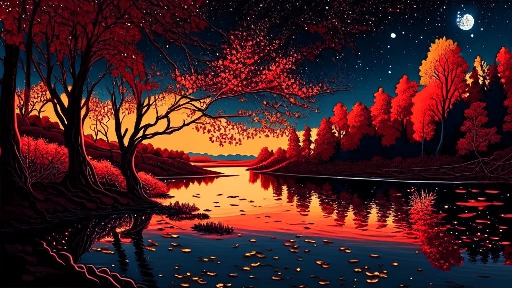 River, trees with golden and red leaves, autumn, a beautiful night sky, visible galaxies, river of blood, comic style