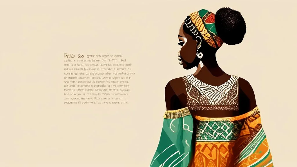 Logo, design, African woman, oil painting, graphic, drawing, without facial features, white background, traditional clothing, cartoon, no features ,patterns in the background, looking back