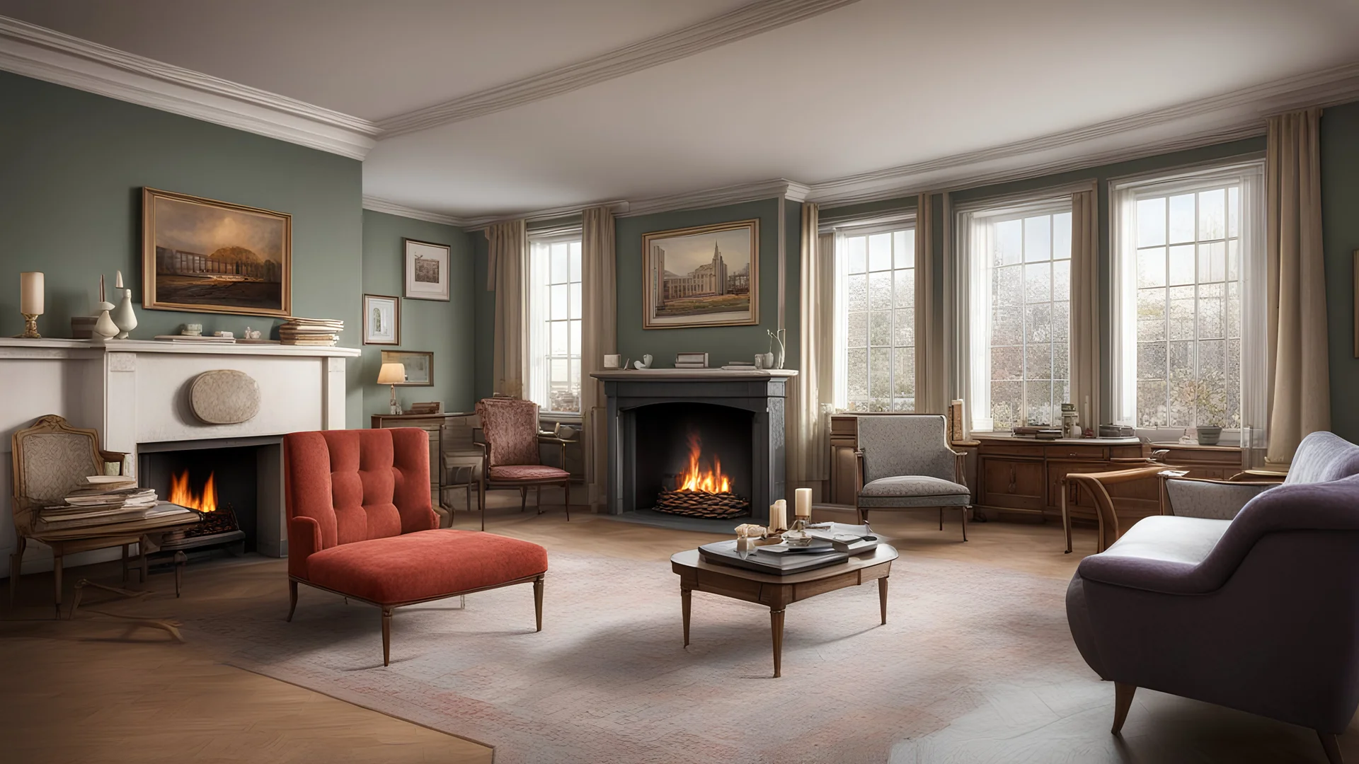 1950 UK council-house small sitting-room interior, fireplace with open fire and hob and oven, chairs have four legs, tables have four legs, window, clean, neat, tidy, frugal, award-winning color photograph, Ultra Realism, 16k, HDR, High Quality, Sharp Focus, Studio Photo, Intricate Details, Highly Detailed