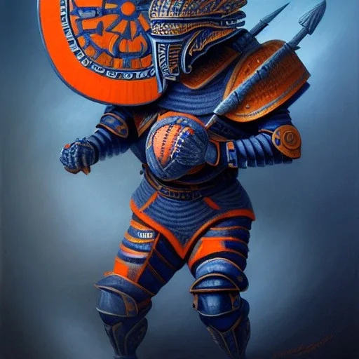 a fierce warrior in full navy blue and orange battle armor, with an S shaped shield, holding a basketball, a highly detailed illustration, background of Inka jungle, realistic render, 8 k, micro detail, intricate, elegant, centered, digital painting, Artstation, smooth, sharp focus, illustration, artgerm, tomasz alen kopera, peter mohrbacher, donato giancola, joseph christian leyendecker, wlop, boris vallejo