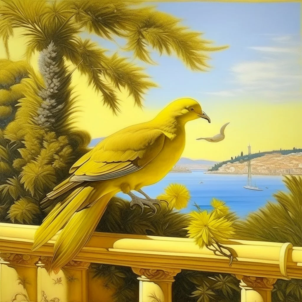 Neoclassicism realistic yellow cote d'azur landscape sea dove