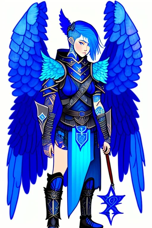 a person in runic armor with blue wings, blue short hair, runic tattoo and spell book