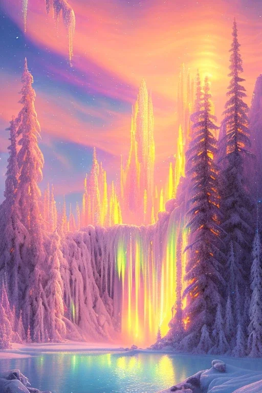  pink and gold crystallin background，waterfall, northern Lights, full of details, smooth, bright sunshine，soft light atmosphere, light effect，vaporwave colorful, concept art, smooth, extremely sharp detail, finely tuned detail, ultra high definition, 8 k, unreal engine 5, ultra sharp focus