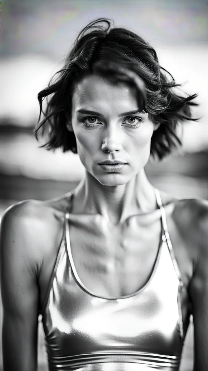 beautiful anorexic young woman, total shot, short shiny silver triathlon swimsuit, short brunette wavy bob hair, blurred beach background