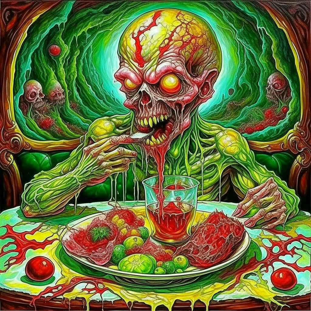 Hunger and putrescence, neo surrealism, by Max Masnyy, fantastical splash art, alcohol oil painting, color pop, sinister but beautiful.