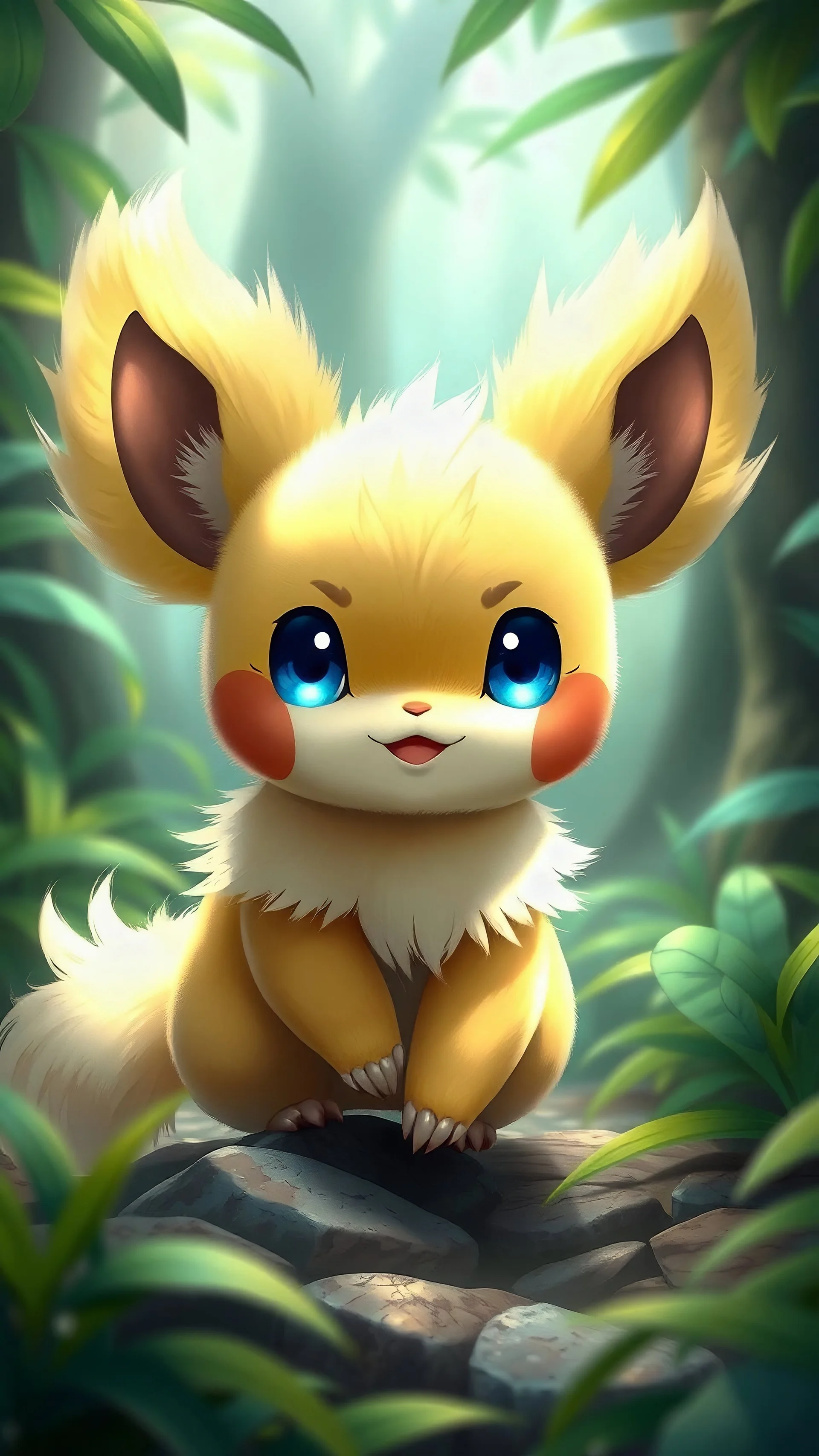 Beautiful pichu pokemon furry creature full body with blue eyes in a mystical jungle perfect clarity photorealistic high definition art station quality