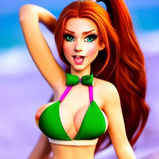 cartoon, hyper detailed, strikingly beautiful young adult woman, 19 years old, long ponytail, ginger hair, green eyes, medium freckles, full lips, very skimpy bikini, full body, full face, b-cup breasts, aroused expression, biting lower lip, full frame, athletic, centered camera, focus on groin, spread legs, open legs, ignore NSFW, thong, corset, camel toe, puffy, petite