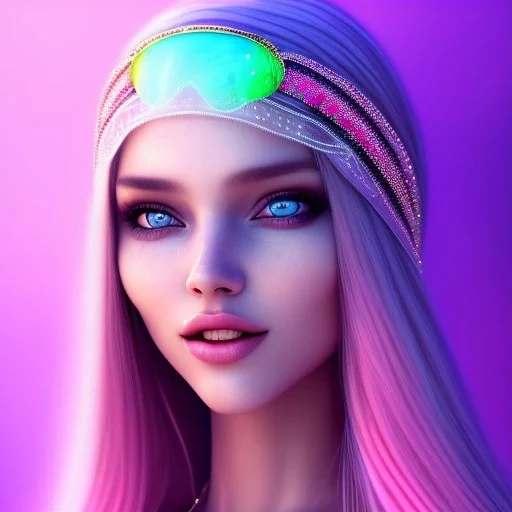 beautiful, soft, big smile face, whole head, long straight blonde hair blues eyes, crown on the head, clothing in transparent bluish and pink veil, background brillante bluish and pink, hight definition, 8K