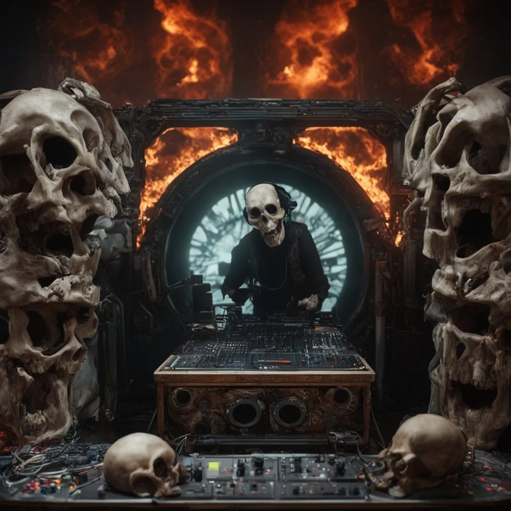 DJ of the damnded, insanely detailed DJ booth in hell, MID set, speakers and equipment made of bone, anatomically correct, add more skulls in th audience, photorealism, vray, 8k 3d