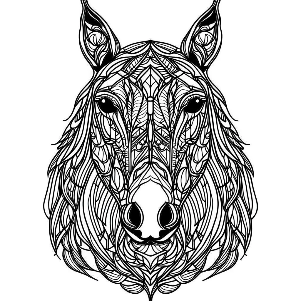 Horse front face view, cartoon, mandala, white back ground color, real style, realistic, minimalistic, minimal black line art, line art, crisp line art, unique coloring sheet, outlined, outline, crisp, crisp line edges, illustration, thin lines, crisp clear lines, line art, clean line art, unique, 8k, amazing, masterpiece, no colors, no dark color, no black color, avoid thick black, minimalistic line edges, pure white back ground, image character full fit to page,