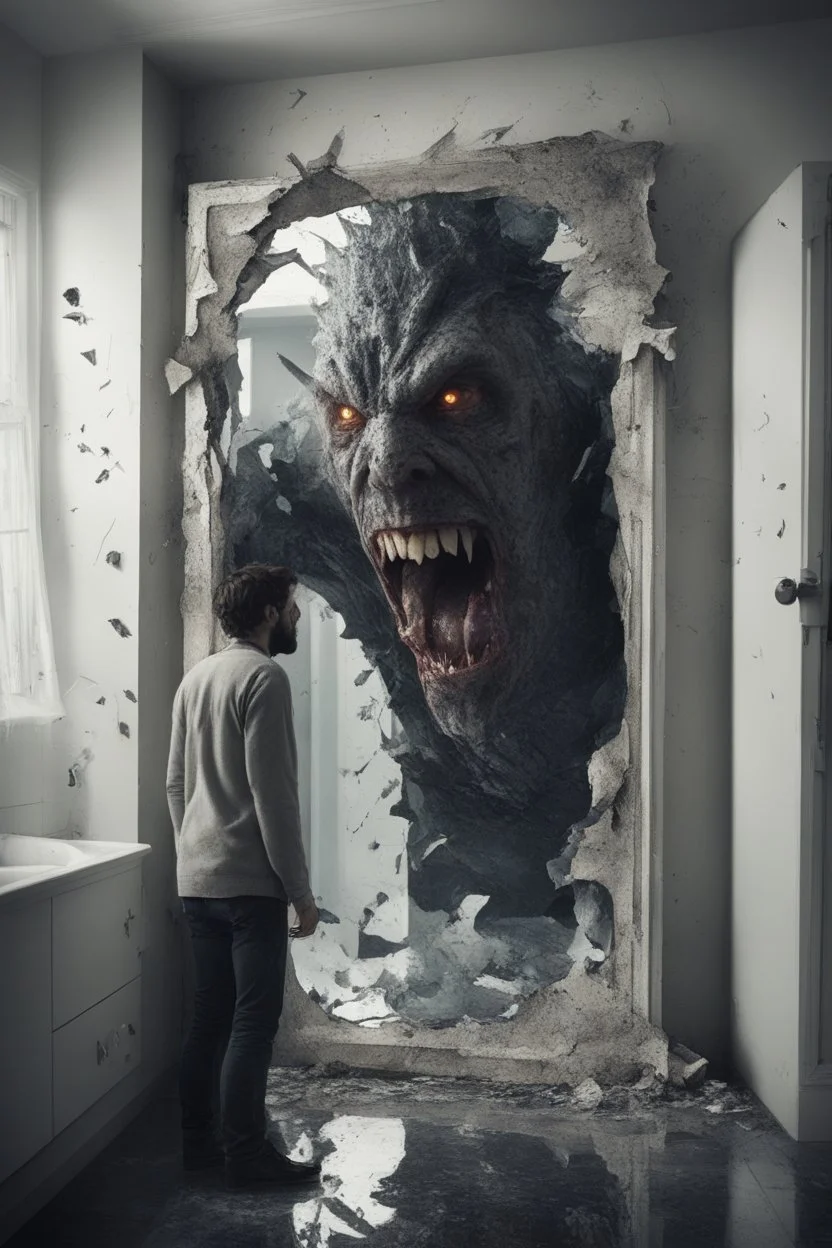a man looking into a shattered bathroom mirror and seeing a horrifying, abstract deranged monster in his reflection