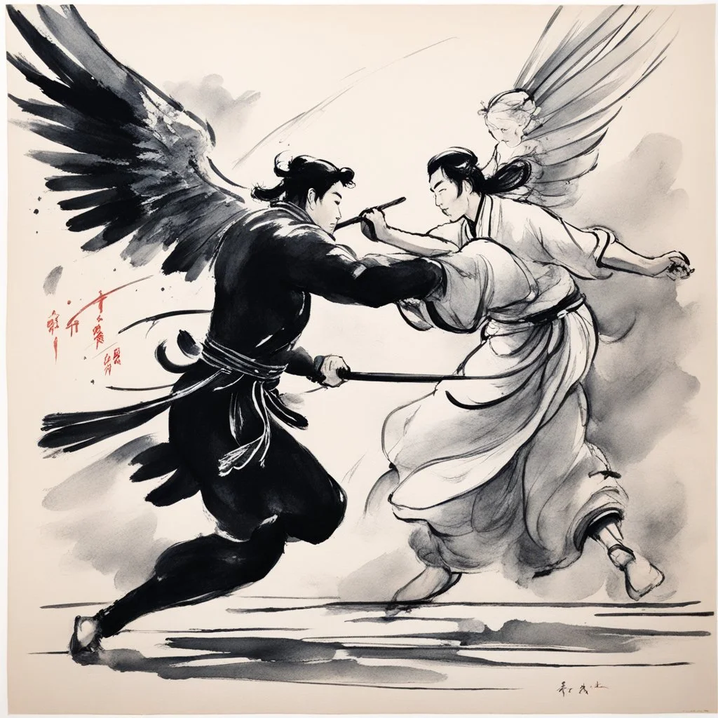[traditional Chinese brush, expressive line, ink washes] Jacob wrestling with angel
