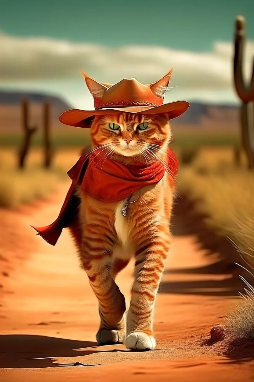 gato de colorado, caminando, vestido de cowboy, dentro de el lejano oeste. clima desértico, flora autóctona