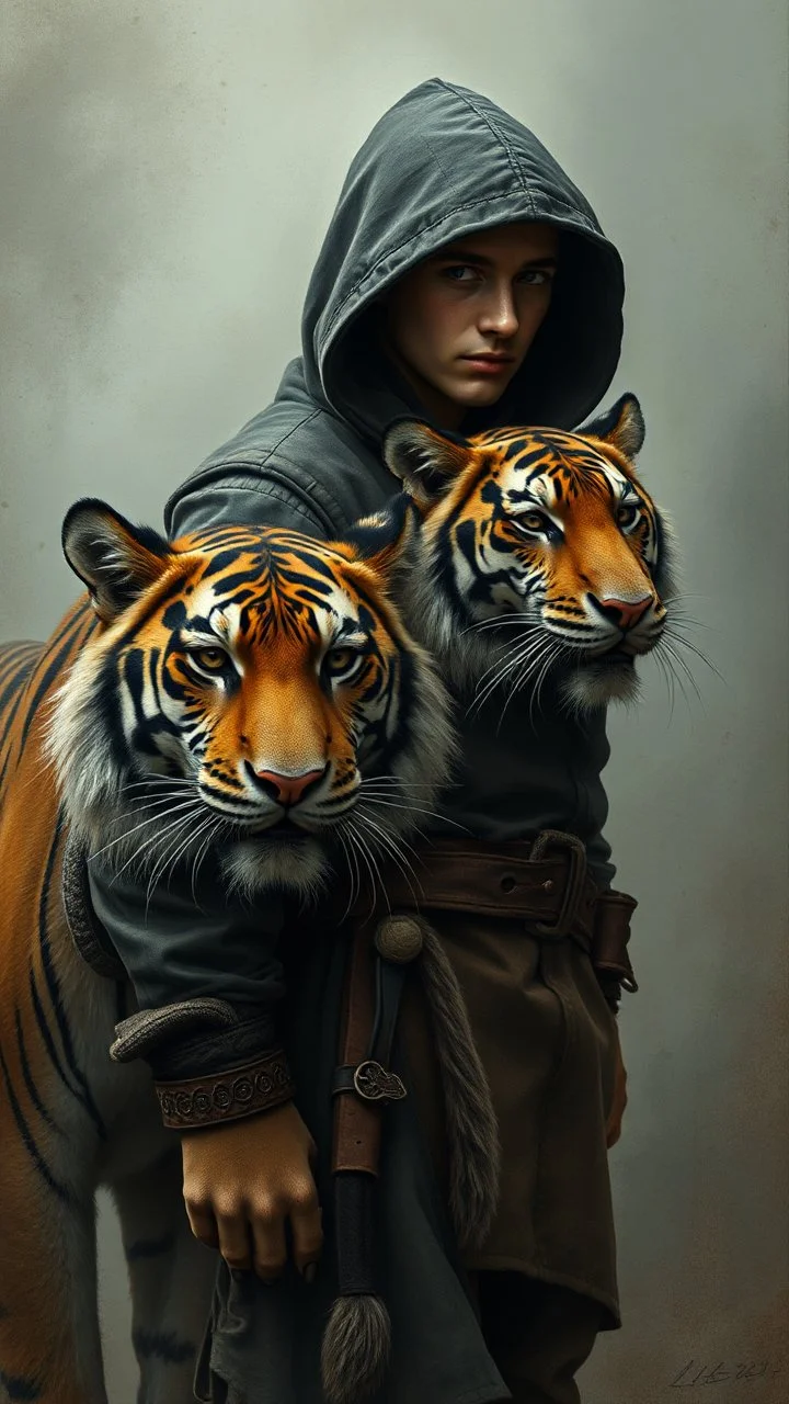 Hieronymus Bosch and Van Gogh styles , a young hooded man with a tiger is standing by looking at you In foggy smoky background