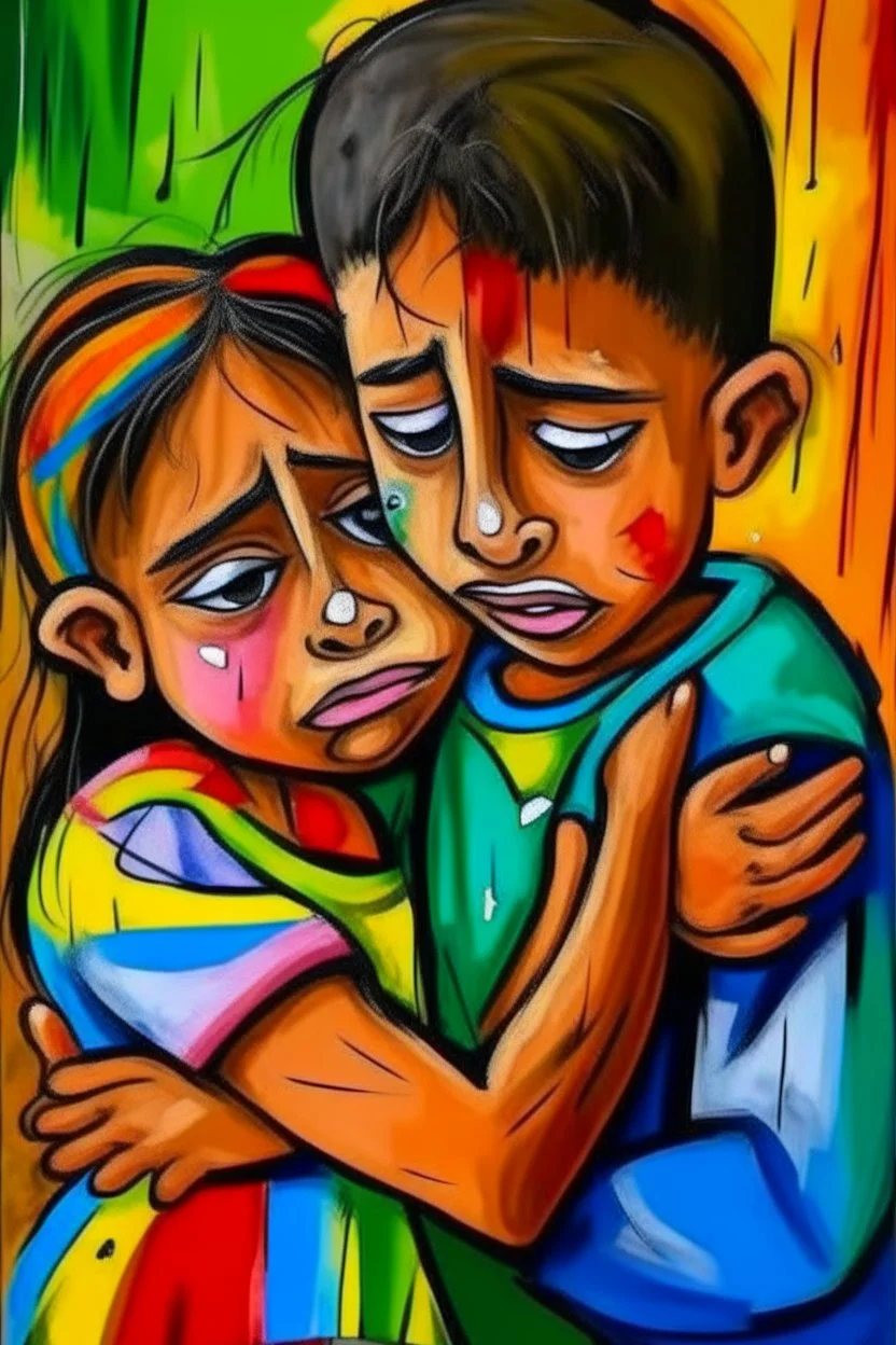 a girl hug her brother and both crying sadly, expressionism, Pixar style, in abstract art Basquiat, Picasso, Miro, Kandinsky, Klee, Birell, Fairey, Ardon, Buffet and Picasso style, HD --s 750 --v 5.1 --style raw, water color