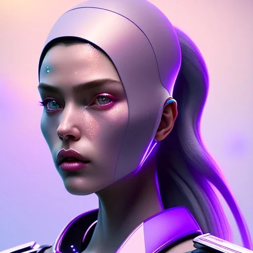 woman, rounded face, purple, round grunge helmet, decorative color feathers, retro futuristic, latex coat, soft color, highly detailed, art stations, concept art, smooth, unreal engine 5, god rays, ray tracing, RTX, lumen lighting, ultra detail, volumetric lighting, 3d, finely drawn, high definition, high resolution.