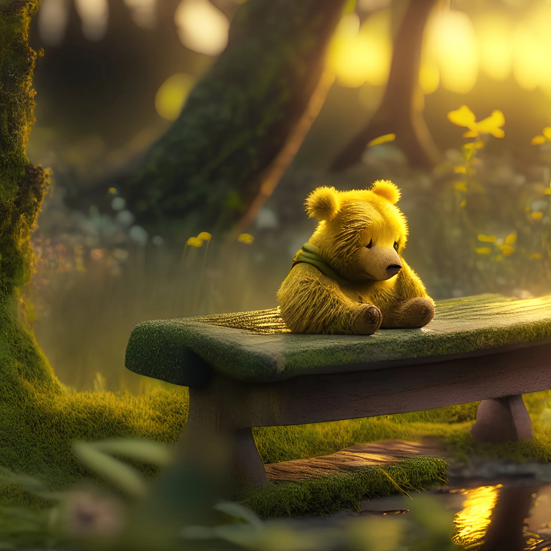 Photoreal close-up Winnie the Pooh on a moss covered bench at dawn