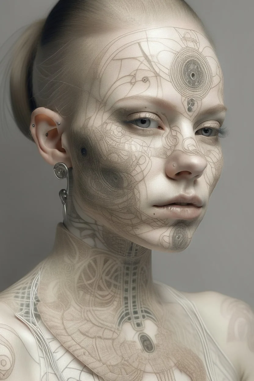 Portrait of a woman, creamy colors, robotic skin, embroidery on skin