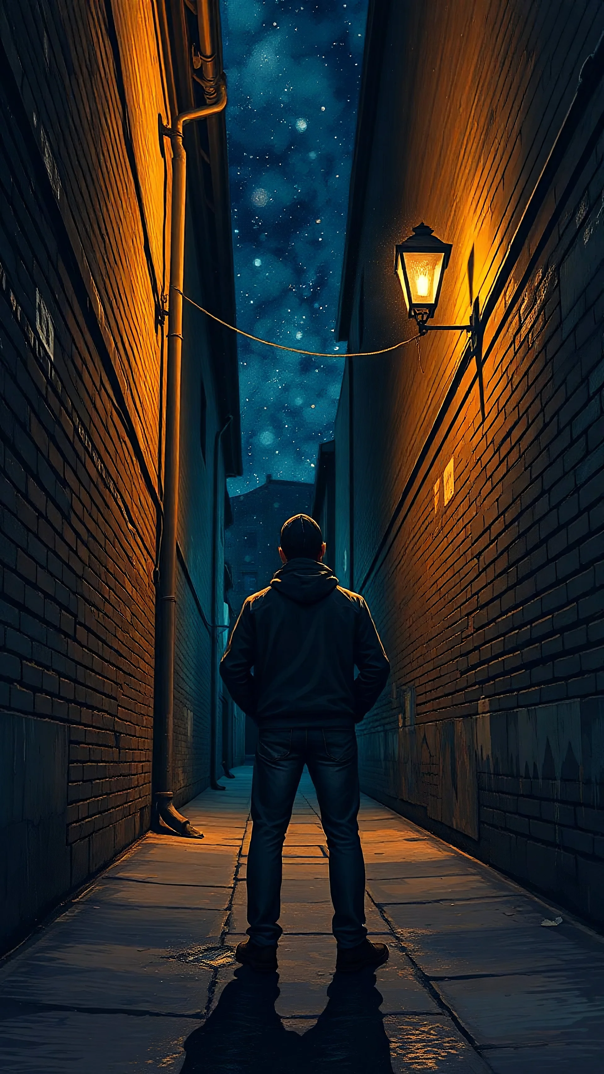 (masterpiece), best quality, Lonely man standing in an alleyway, hands in pockets, looking at the night sky, GHIBSKY style, night beautiful weather