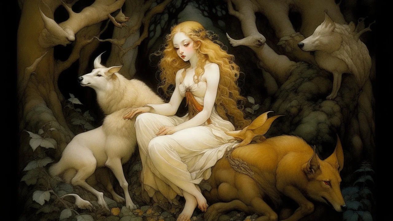 A delicate, woodland nymph with cascading, golden curls cradling a small, bleating lamb, shielding it from the piercing gaze of a large, growling wolf lurking in the shadows. Nearby, a nimble, chestnut-furred doe bounds away from the muscular form of a mighty, golden-maned lion, as a pair of pure white doves take flight, escaping the shadow of a soaring, brown-feathered eagle.