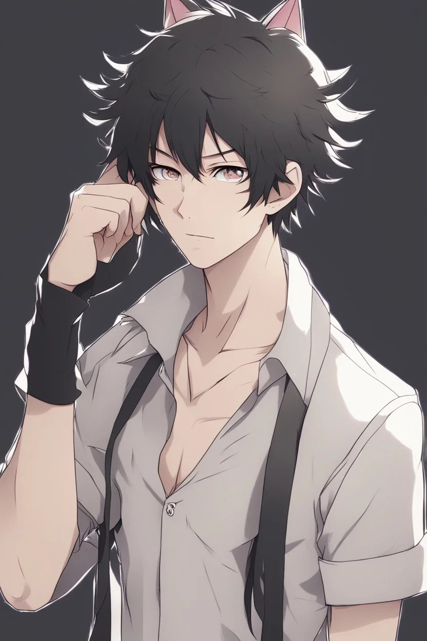 A male anime man with messy black hair, black cat ears and tail