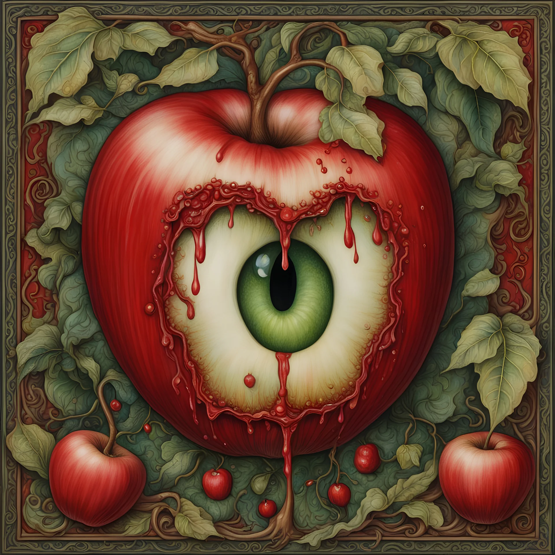 red dripping apple with green eyes and tail in Carlo Crivelli art style