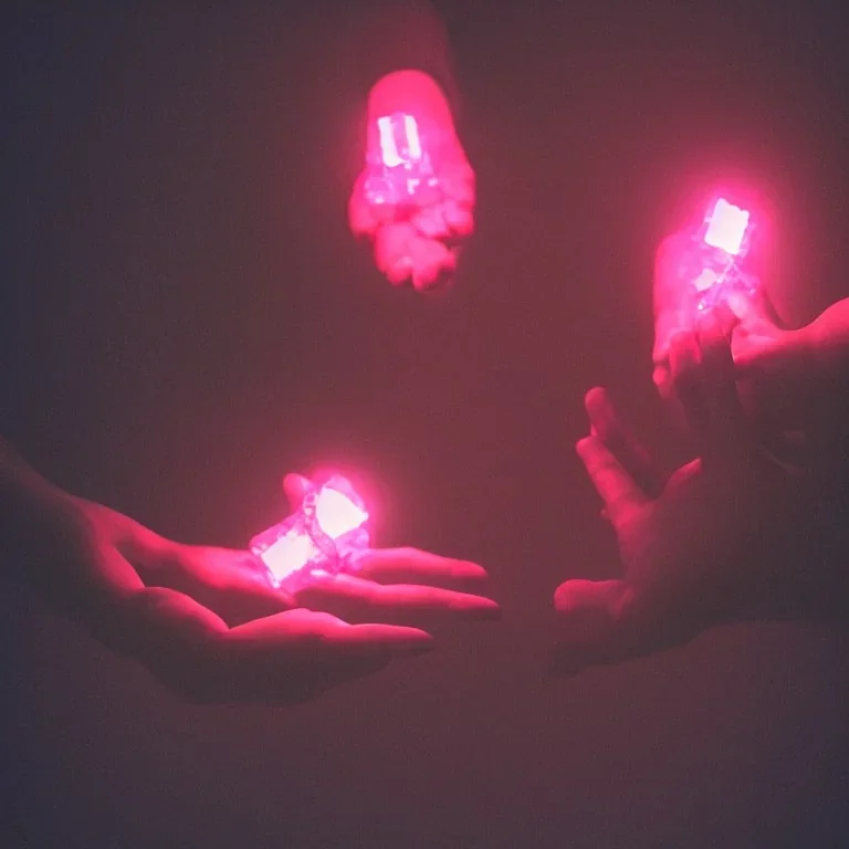 hands holding single pink crystal, dark, glowing, orange light, in a foggy cave, cinematic, abstract