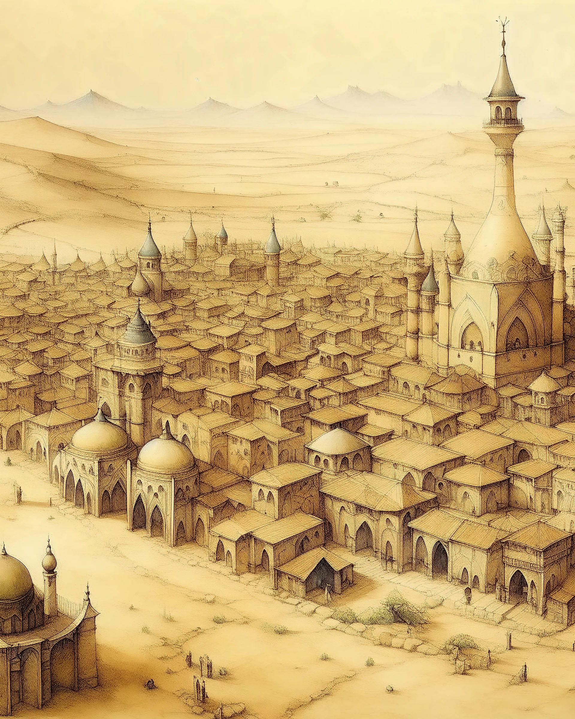 A tan town made out of stones designed in cave paintings , a mosque with minarets in the middle painted by Bosch