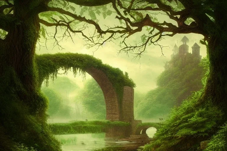 book cover!!!!!!!!!!!!, old bridge, ivy leaves graphic vectors at each border, fantasy forest landscape, fantasy magic, light night, intricate, elegant, sharp focus, illustration, highly detailed, digital painting, concept art, matte, art by wlop and artgerm and ivan shishkin and andrey shishkin, masterpiece