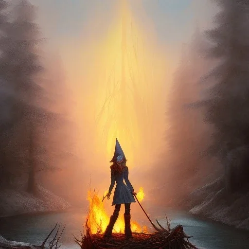 fantasy art, book illustration, upper body of grinning witch with pointy hat sitting by a bonfire, in the background the stairs of a dam in the magical forest ,icy water