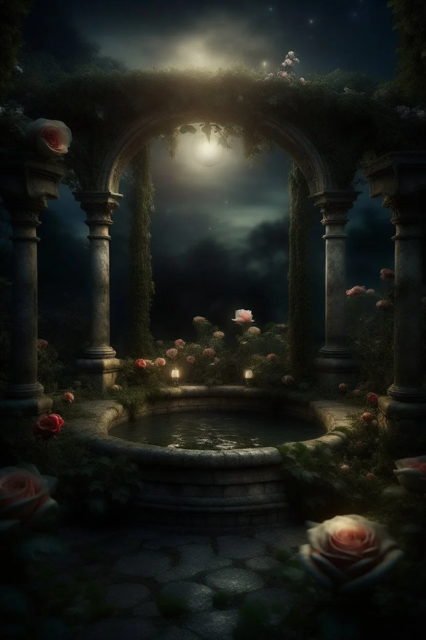 magical overgrown secret garden, roses, ivy, fountain, twilight, moon, stars dark tones, warm tones