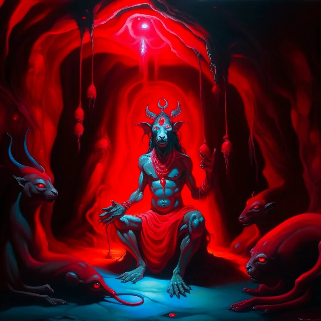 An painting of Hindu god YAMA with animal in a cave, neon red colors, high detail, dark vibe